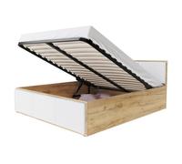 Lit coffre - Barcelona - 140 x 190 cm - Chêne - Blanc - Sommier à lattes relevable