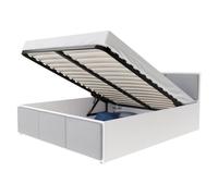 Lit coffre - BARCELONA - 140x190 cm - Blanc - Gris clair - Sommier à lattes relevable