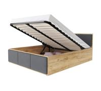 Lit coffre - Barcelona - 140x190 cm - Chêne - Gris fonce - Sommier à lattes relevable