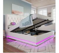 Lit coffre blanc 160 × 200 en PU LED 3 côtés USB-C tête capitonnée sans matelas