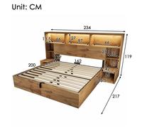 Lit coffre bois 160x200 cm effet chêne avec hydraulique, chevets intégrés, tête de lit étagère, LED USB-C, sans matelas