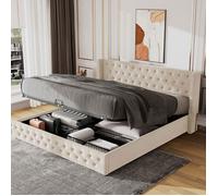 Lit Coffre Capitonné - 140x190 cm - Beige en Flanelle - Design Chesterfield avec Rivets - Tête de Lit Rembourré - Merax