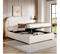 Lit Coffre Capitonné 160x200 cm en Tissu Bou lanc, Lit Double avec Sommier Relevable et Rangement