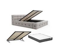 Lit coffre capitonné 180 x 200 cm - Tissu chiné - Gris clair + Matelas - LERUCO