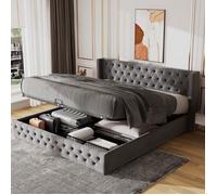 Lit Coffre Capitonné 180x190 cm en Velours Gris - Tête de Lit Rembourré Design Chesterfield avec Rivets