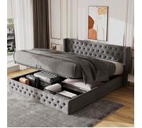 Lit Coffre Capitonné 180x200 cm en Velours Gris - Tête de Lit Rembourré Design Chesterfield avec Rivets