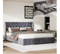 Lit coffre - Chesterfield - 160x200 cm - Tête de lit capitonnée - Velours gris - Sommier à lattes