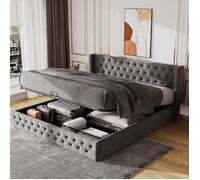 Lit coffre - Chesterfield Steel - 180 x 200 cm - Velours gris - Tête de lit capitonnée