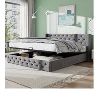 Lit coffre - Chesterfield Steele - 140x190 cm - Velours gris - Tête de lit incluse - 300kg max