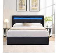 Lit coffre dehoussable - NUIT D'OR - 140x200 cm - Tête de lit LED - Montage rapide - PVC facile d'entretien