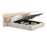 IDMarket - Lit Coffre Double Nuage avec tête de lit matelassée + Tables de Chevet intégrées et sommier 140 x 190 cm Velours Beige