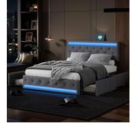 Lit Coffre Double 140x190cm - Éclairage RGB LED - 4 Compartiments De Rangement - Tête De Lit Rembourrée - Pour Adultes Et Adolescent