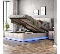 Lit coffre double 140x200 cm - Lit 2 personnes avec éclairage LED et rangement espace - Sommier à lattes - tissu en PU - blanc