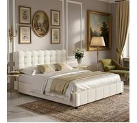 Lit Coffre Double 140x200cm avec Rangement Hydraulique, Tête de lit ""Nuage"" Capitonné et LED - Velours Beige