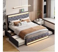 Lit Coffre Double 140x200cm - Éclairage RGB LED - 4 Compartiments De Rangement -Tête De Lit Rembourrée -Pour Adultes Et Adolescent