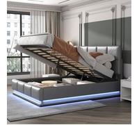 Lit coffre double 140X200cm LED - cadre en métal avec sommierà lattes et tête de lit - velours gris