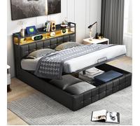 Lit coffre double 140x200cm - TANANT - Noir - Rangement hydraulique - Tête de lit avec LED - Design moderne