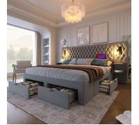 Lit Coffre Double 160 x 200 cm avec Lampe Lecture et USB Lit avec 2 Tables et 4 Tiroirs lit avec Sommier à Lattes, Velours Gris