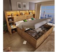 Lit coffre double 160 x 200 cm, SENVIRO effet chene, chevets integres, tete de lit etageres, LED, USB-A et USB-C, sans matelas
