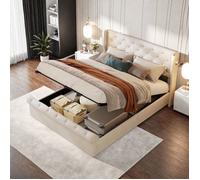 Lit coffre double 160x200 cm avec tête de lit avec USB et LED lampe, Lit adulte avec sommier à lattes, Coffre de rangement, Beige