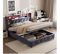 Lit coffre double 160x200 cm en velours gris, Coffre de rangement, Lit LED avec USB, Tête de lit avec rangement, Sommier à lattes