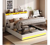 Lit Coffre double 160x200 cm - TANANT - Beige - LED intégrée - Rangement hydraulique - Moderne