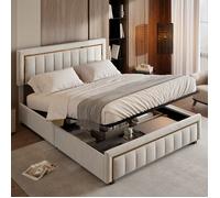 Lit coffre double 160x200 cm - TANANT - Velours Beige - Design moderne - Rangement hydraulique - 2 places