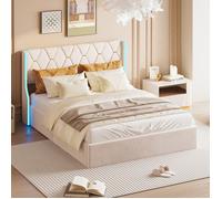 Lit coffre double 160x200 cm - TANANT - Velours beige - Tête de lit avec LED - Rangement hydraulique - 2 places
