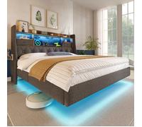 Lit coffre double 180x200 cm avec rangement sous le lit LED chargeur USB sommier à lattes sans matelas
