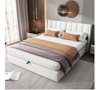 Lit coffre double 180x200 cm - PU Galet Blanc - Sommier inclus - Coffre & LED 4W - Port USB & réglage 0-30°