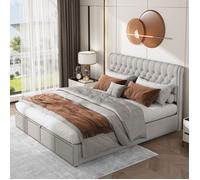 Lit coffre double 180x200 cm - Tissu coton-lin - Sommier inclus - Gris blanc