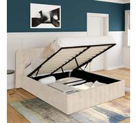 IDMarket – Lit coffre double Alba – tête de lit et sommier 140 x 190 cm velours Beige