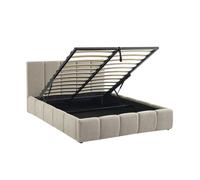 Lit coffre double avec sommier à lattes et tête de lit beige finition bouclette texturée 140x190cm- Lex