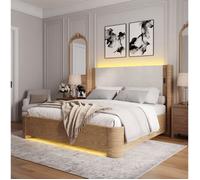 Lit Coffre Double En Velours Beige 180x200cm Cadre De Lit LED Moderne FloraGrace Pour Chambre Verin Hydraulique 750 N 180x200cm