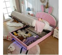 Lit coffre double LED 140x200 cm - REDOM - tête de lit en forme lapin réglable - velours - rose, sans matelas