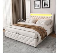 Lit coffre double Lit rembourré 160 x 200 cm - sommier à lattes - espace de rangement - éclairage LED - PU - blanc