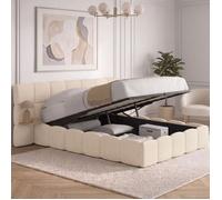 Lit coffre double NUAGE avec tête de lit matelassée + tables de chevet intégrées et sommier velours beige