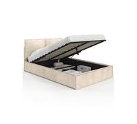 IDMarket - Lit Coffre Double Pilou avec tête de lit Oreiller et sommier 140 x 190 cm Velours Beige
