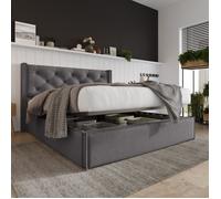 Lit coffre double pour adulte 140 x 200 cm avec coffre de rangement, Sommier à lattes inclus, Tissu en cotton, Désgne moderne, Gris