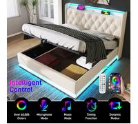 Lit coffre double rembourré 140 x 200 cm avec de rangement, sommier à lattes, éclairage LED, port de recharge USB Type-C, PU
