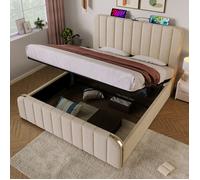 Lit coffre double rembourré avec tête de lit - 160x200 cm - Beige - Lin - Charge USB Type-C - Espace de rangement hydraulique