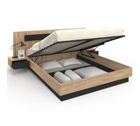 IDMarket - Lit Coffre Double Santa avec tête de lit + Tables de Chevet intégrées et sommier 160 x 200 cm Bois et Noir