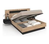 Lit coffre double SANTA avec tête de lit + tables de chevets intégrées et sommier 140 x 190 cm bois et noir