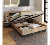 Lit coffre double SANTA avec tête de lit + tables de chevets intégrées et sommier 140 x 190 cm bois et noir