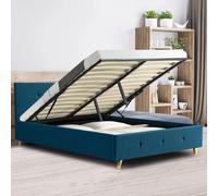 Lit coffre double scandinave lulea avec tête de lit et sommier 140 x 190 cm tissu bleu canard
