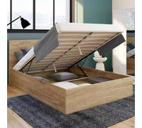 IDMarket - Lit Coffre Double Seaside avec tête de lit et sommier 160 x 200 cm façon hêtre