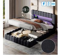 Lit coffre double TANANT 160x200 cm - Lin gris - Tête de lit LED - Rangement intégré - Style moderne