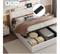 Lit coffre double - TANANT - 160x200 cm - Tête de lit avec USB - Rangement sous le lit - Métal et lin beige
