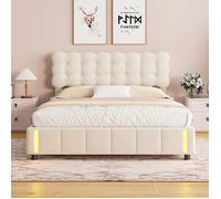 Lit coffre double - TANANT - 160x200 cm - Velours beige - LED intégrée - Tête de lit tuftée