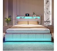 Lit coffre en lin beige 140x190 cm, lit double avec LED et port USB, lit adulte avec tiroir de rangement et sommier à lattes